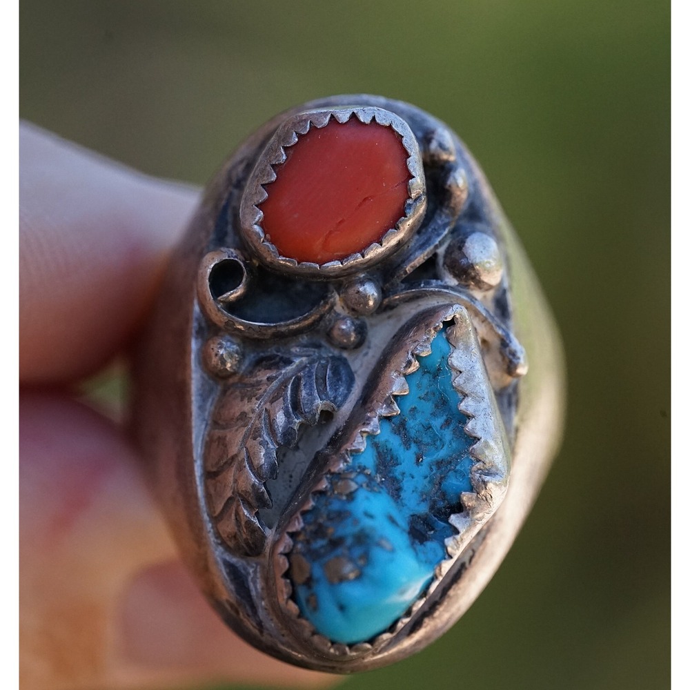 Old‎ Pawn Navajo Native American Indian Sterling Silver Coral Turqiouse Ring